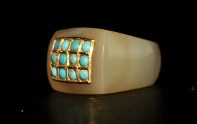 Antique Yellow Chalcedony 10ct Blue Turquoise 22k Gold Classic Ring For Women