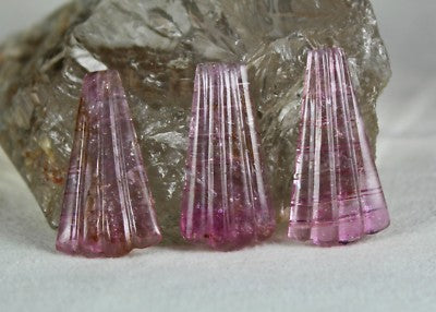 Natural Pink Tourmaline Carved 3 Pcs 42.32 Ct Gemstone Earring Pendant