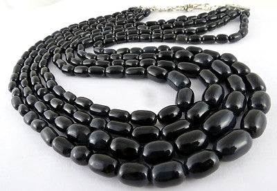 Black Onyx 830 Ct Long Tube Beaded 4 Line Sterling Silver Fashion Necklace