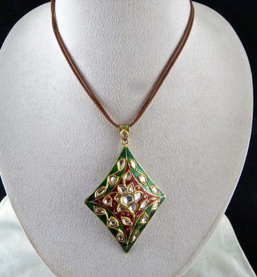 Certified Ethnic Jadau Natural Diamond 122.5ct Kundan Meena 22k Gold Pendant