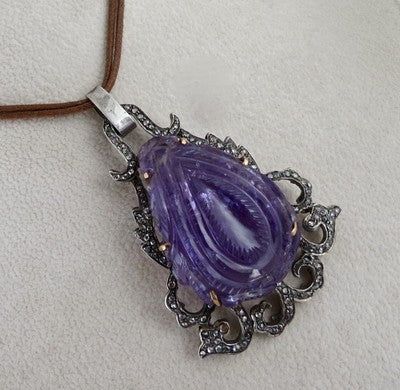 Certified Antique Old Amethyst 139ct Natural Diamond Victorian Pendant 18k Gold