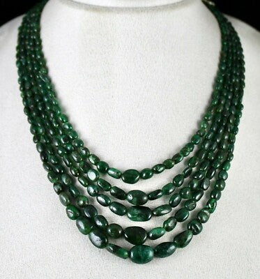 Certified 359 Ct Old Mines Emerald Beads 5 Line Nugget Necklace