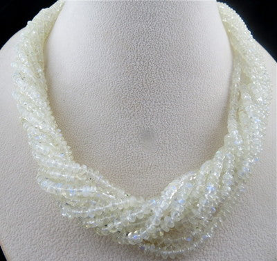 Sterling Silver Natural Rainbow Moonstone Necklace Round 727 Ct White Beads 10 L