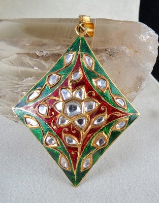 Certified Ethnic Jadau Natural Diamond 122.5ct Kundan Meena 22k Gold Pendant