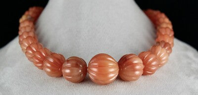 Natural Orange Aventurine 1297 Ct Carved Beaded Necklace Sterling Silver Clasp