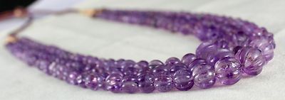 Natural Amethyst 569ct Carved Melon 3 Line Ladies Beads Necklace