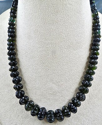 Certified Natural Black Tourmaline 285 Ct Melon Beads Sterling Silver Necklace