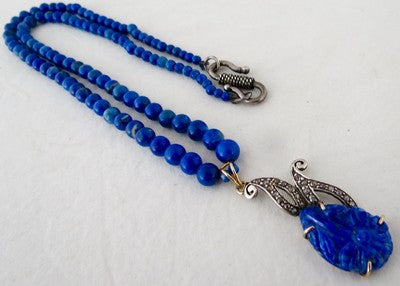 Blue Natural Lapis Lazuli 10ct Natural Diamond Victorian Sterling Silver Pendant