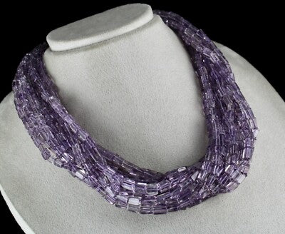 Natural Amethyst Tube Beads 1439 Carats Sterling Silver Gemstone Necklace