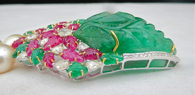 Certified Vintage Old Emerald 10ct Ruby Natural Diamond Pearl 18k Gold Necklace