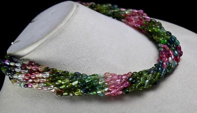 Certified Natural Multi Tourmaline 650ct Beads Cabochon Sterling Silver Necklace