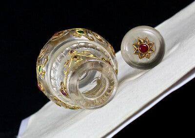 Certified Natural Rock Crystal Emerald Ruby Carat 18k Gold Diamond Jadau Bottle