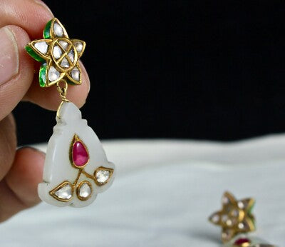 Certified Antique Nephrite Jade Ruby 53.5ct Natural Diamond 18k Gold Earrings