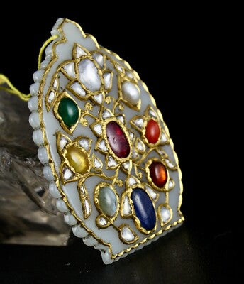 Certified Old Nephrite Jade 10ct Navratan Stone Natural Diamond 22k Gold Pendant