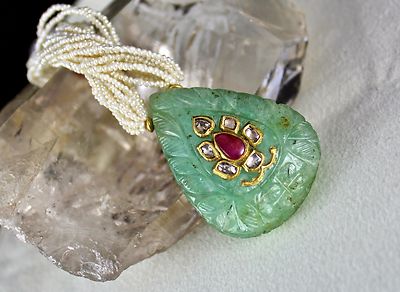 Certified Antique Natural Emerald 10ct Ruby Diamond Pearl 18k Gold Necklace