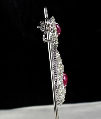 Certified Burma Ruby 200ct Natural Rose Cut Diamond 18k Gold Cocktail Earrings