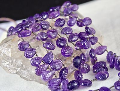 Amethyst Pear Drops Engraved Beaded Necklace 400 Ct Natural Gemstone String