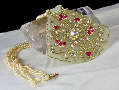 Certified Antique Nephrite Jade Ruby 10ct Natural Diamond 22k Gold Pearl Pendant