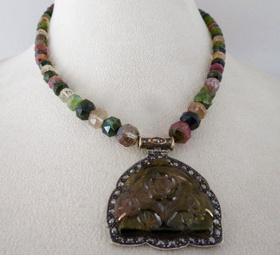 Multi Colour Tourmaline 10ct Natural Diamond Victorian Pendant Sterling Silver