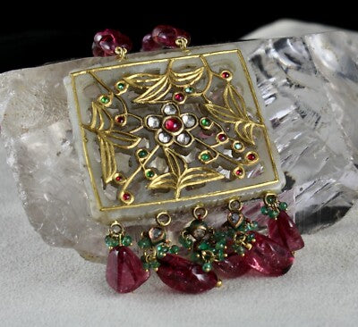 Certified Old Persian Jade Natural Diamond 10ct Tourmaline 18k Gold Pendant