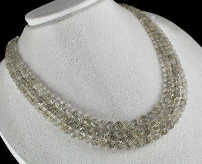 Natural Smoky Quartz Necklace Carved 410ct Gemstone Antique 3 Line Beads
