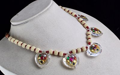 Certified Natural Rock Crystal Navratan 22k Gold Jadau Pearl 10ct Necklace