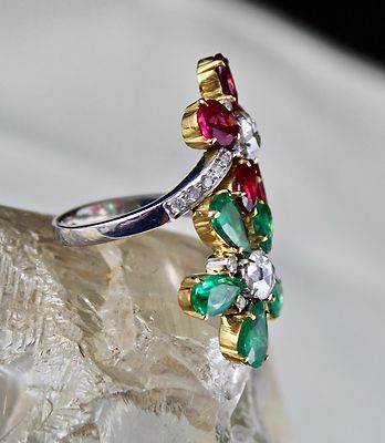 Certified Natural Emerald Rubellite Diamond 10ct 18k Gold Flower Cocktail Ring