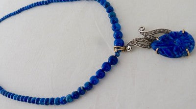 Blue Natural Lapis Lazuli 10ct Natural Diamond Victorian Sterling Silver Pendant