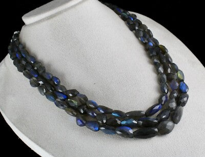 Natural Black Labradorite 688 Ct Faceted Tumble 3 Line Gemstone Beads Necklace