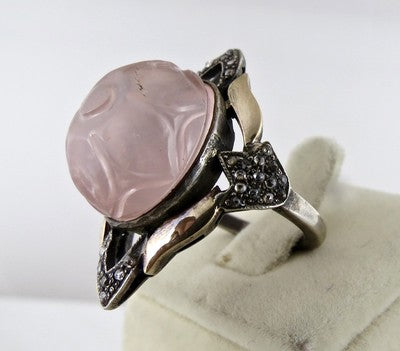 Antique Rose Quartz 62ct Natural Diamond Carved 18k Gold Sterling Silver Ring