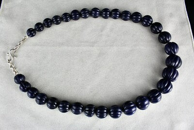 Natural Blue Jade 1001 Carats Carved Beads Sterling Silver Necklace