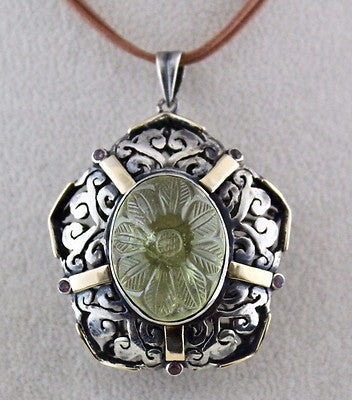 Natural Lemon Quartz 50ct Garnet Cut 18k Gold 925 Sterling Silver Carved Pendant