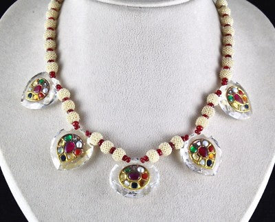 Certified Natural Rock Crystal Navratan 22k Gold Jadau Pearl 10ct Necklace
