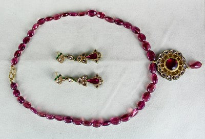 Antique 22k Gold Natural Diamond Pink Tourmaline Jadau Set 257ct Earrings