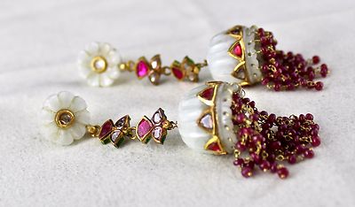 Persian Nephrite Jade 137ct 22k Gold Ruby Natural Diamond Jhumki Earrings