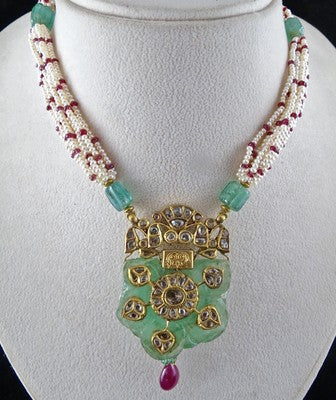 Certified Natural Colombian Emerald 10ct Ruby Diamond 18k Gold Pearl Pendant