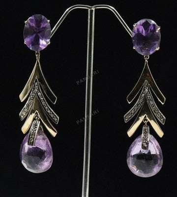 Amethyst 10 Ct & Natural Diamond Victorian Pavé Earrings 18K Solid Gold