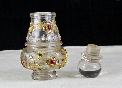 Certified Natural Rock Crystal Emerald Ruby Carat 18k Gold Diamond Jadau Bottle