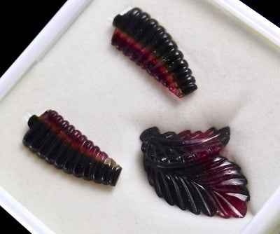 Certified Natural Watermelon Tourmaline Carved 3 Pcs 71.87ct Gemstone Set
