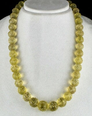Certified Lemon Quartz 674 Ct Engraved Gemstone Vintage Beaded Necklace