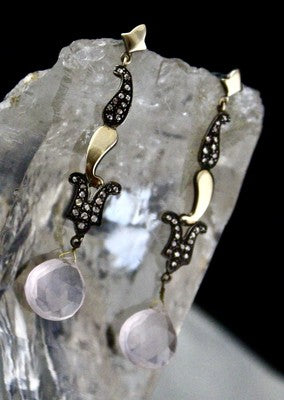 Natural Rose Quartz 10ct Tear Drops Natural Diamond 18k Gold 925 Silver Earrings