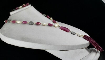 Certified Natural Ruby 555ct Pearl Natural Diamond Bead Necklace 18k Gold Set