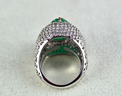 Certified Natural Zambian Emerald 10ct Carved Diamond 18k Gold Ladies Ring