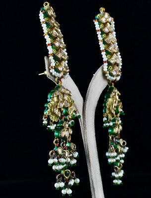 Certified Antique Natural Diamond 10ct Pearl 22k Gold Kundan Peacock Earrings