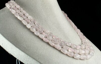 Natural Rose Quartz Melon Carved Beads Necklace 621ct, 3 L Gemstone Strings