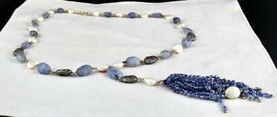 Certified Blue Sapphire 10ct Antique Pearl Natural Diamond Tassel Gold Necklace