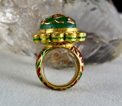 Certified Natural Emerald Ruby Cabochon Natural Diamond 22k Gold Jadau Ring