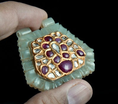 Antique Natural Nephrite Jade 140ct Diamond Rubies 22k Gold Two Side Pendant