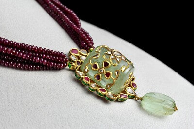 Certified Natural Emerald 10ct Ruby Beads 18k Gold Diamond Jadau Necklace