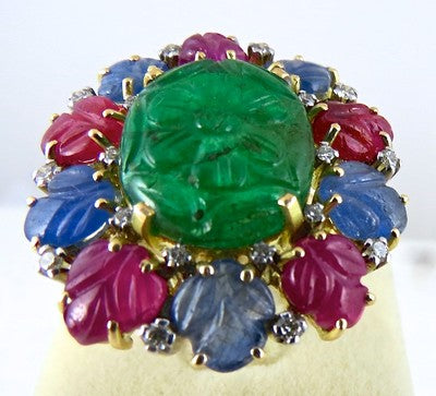 Certified Natural Emerald Ruby Sapphire 10ct Carved Diamond 18k Gold Ring